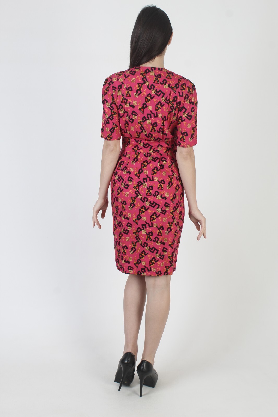 Vintage New Wave Dress Hot Pink All Over Print Pencil Skirt 80s Cocktail Party