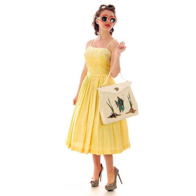 VTG 1950s Wendy Woods Yellow Cotton Sundress Embroidered Bodice S w/ Belt
