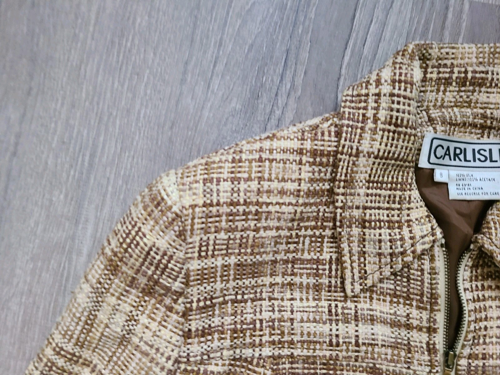 VTG Carlisle Womens 8 Blazer Jacket Zip Up Front Brown Tweed 100% Silk Pockets