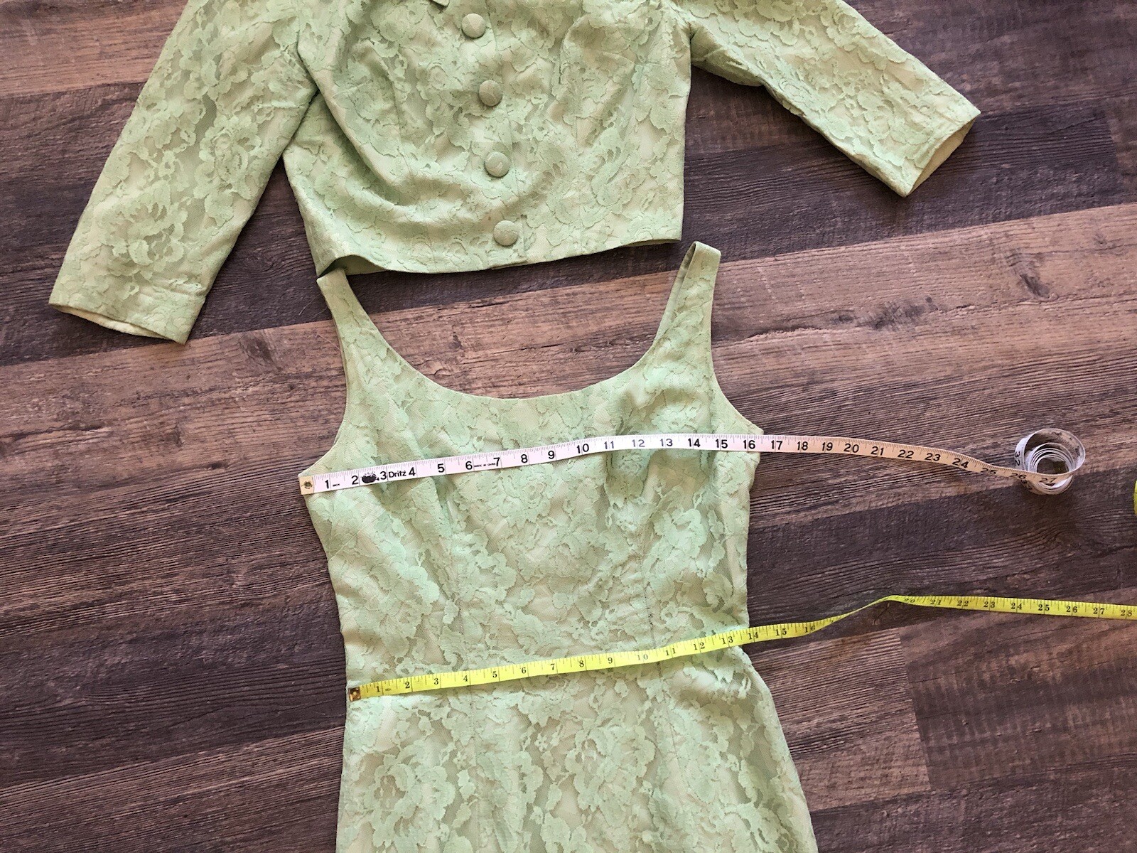 60s VTG Union Tag Sea Foam Green Lace Over Satin Jackie O~Dress&Jacket Set XS/S
