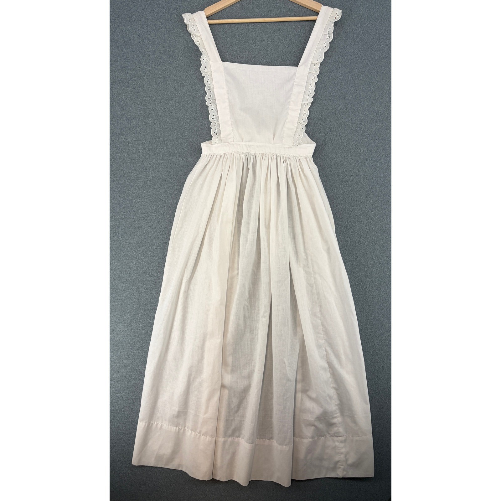 Vintage White Eyelet Lace Pinafore Apron Dress Cottagecore Prairie Maxi S/M FLAW