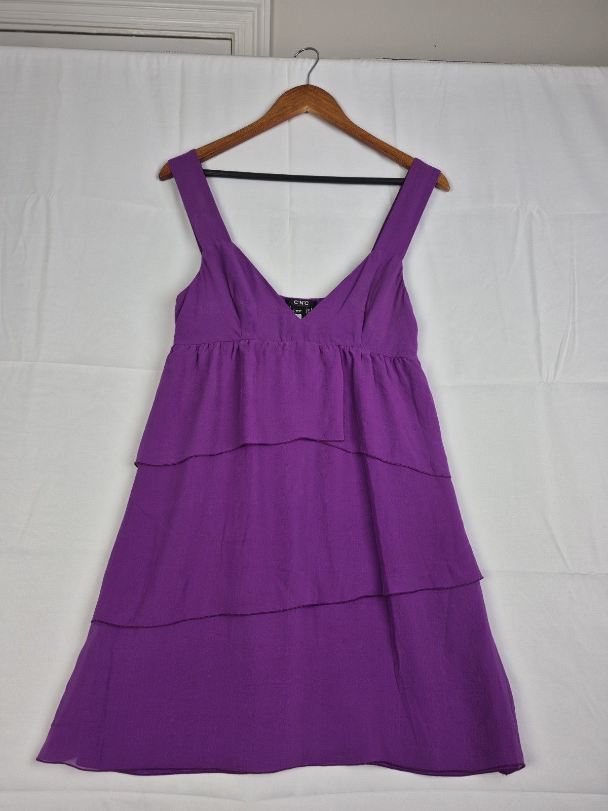 C.n.c Costume National Purple Tiered Drees Feacturing A Sleeveless V-neckine