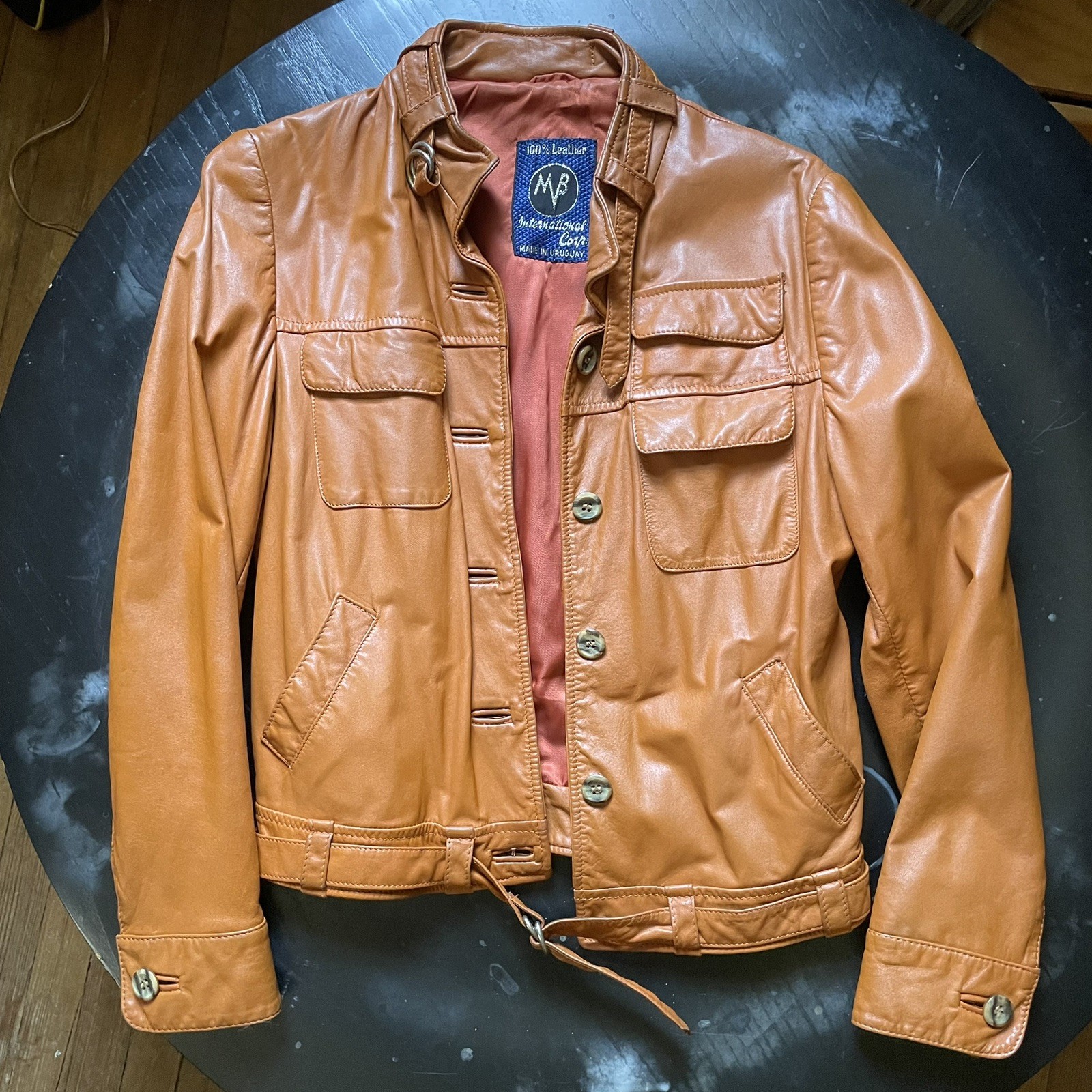 Vintage 80s Uruguay Leather Safari Jacket Women’s Cognac Band Collar M