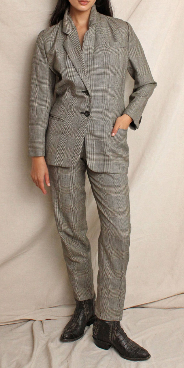 Loewe vintage 1970s houndstooth check suit ensemble jacket trousers grey plaid