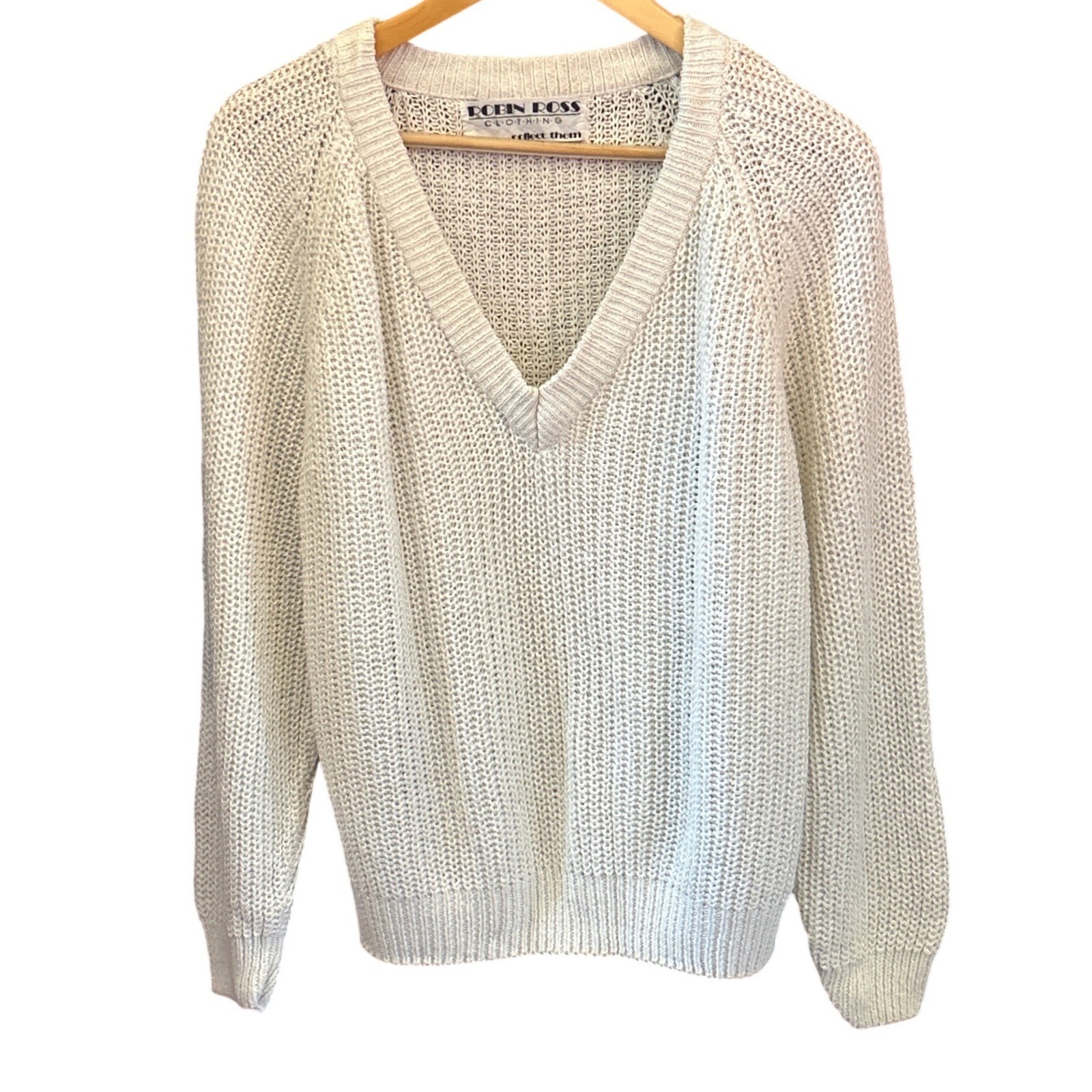 Vintage Robin Ross Sweater V-Neck Metallic Shimmer Cream Knit Raglan 80s Style