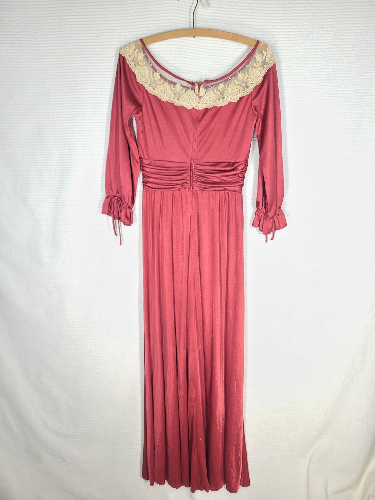 Vintage 1970s Long Dress 14 L Burgundy Liquid Knit Lace Mesh Bust Poly Union Tag