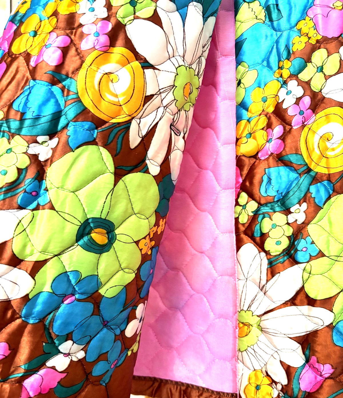 Vintage 1970’s Bright Colorful Blue Quilted Floral Maxi Skirt 32″ waist