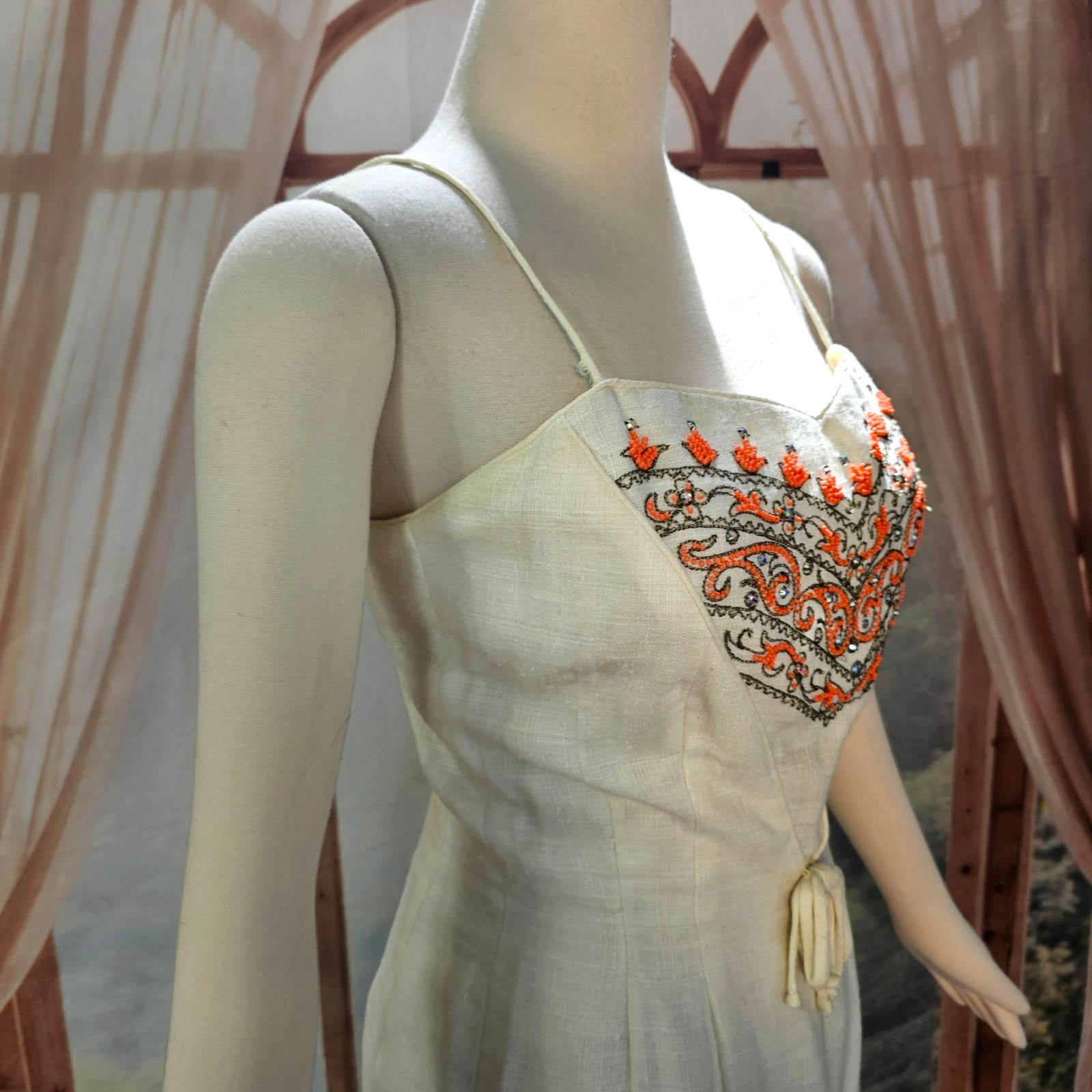 Vintage 1960’s Dress Shift Mod Cream Orange Beads and Rhinestone Embroidered