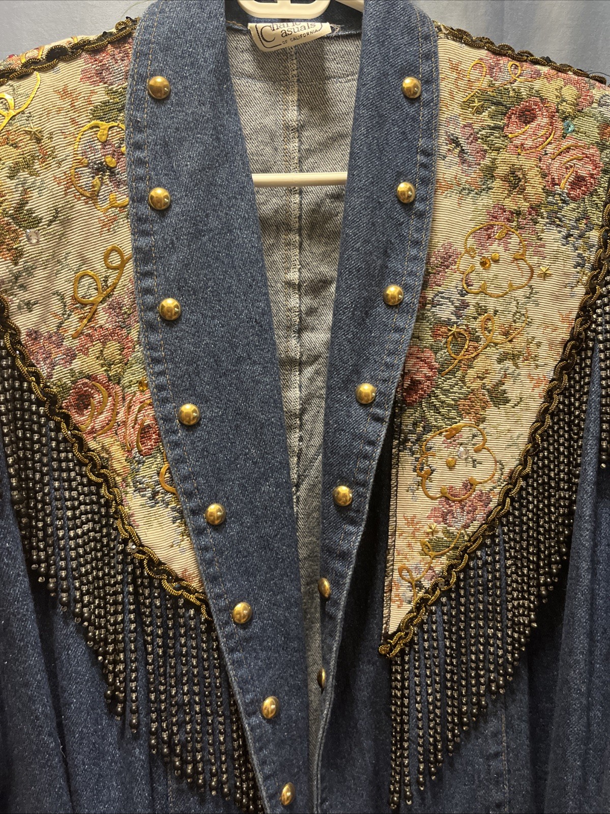 RARE Vintage 80s Charle Casuals Beaded Tapestry Gold Denim DUSTER BOHO See Pix