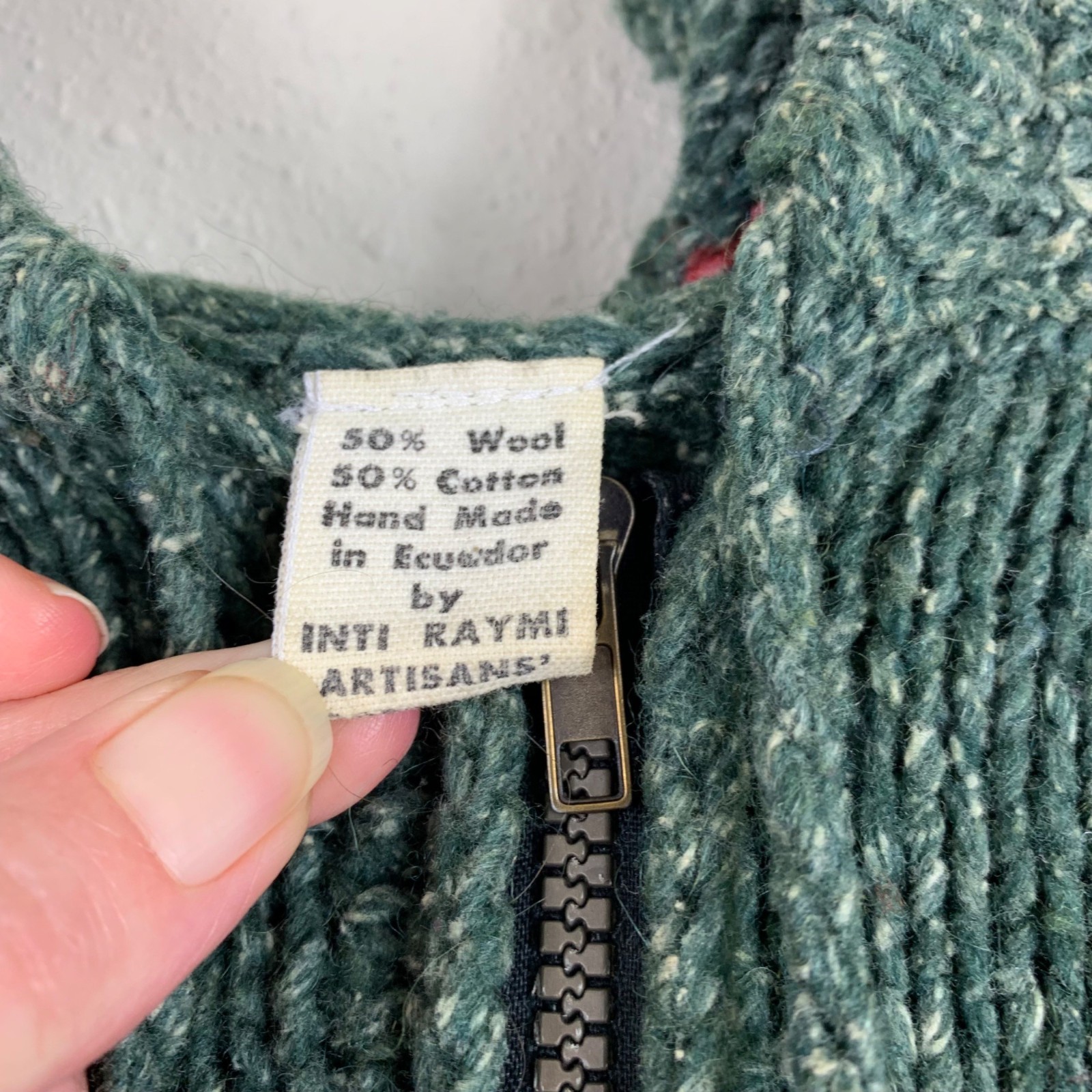 VTG 80s Inti Raymi Artisans Andean Wool Knit Jacket Green L Boho Folk Handmade