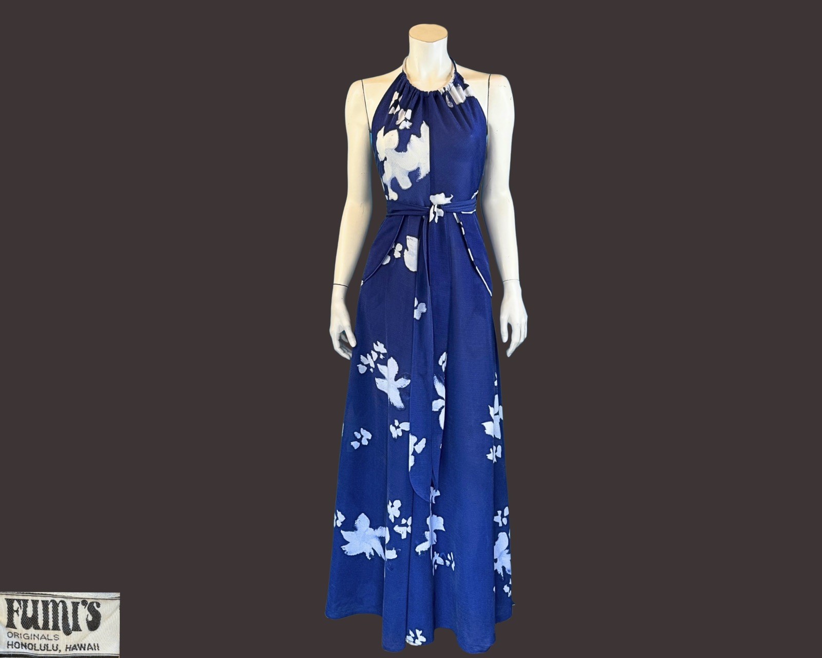 Vintage 1970s FUMI’S Hawaii Blue Floral Halter Maxi Dress | XS S M