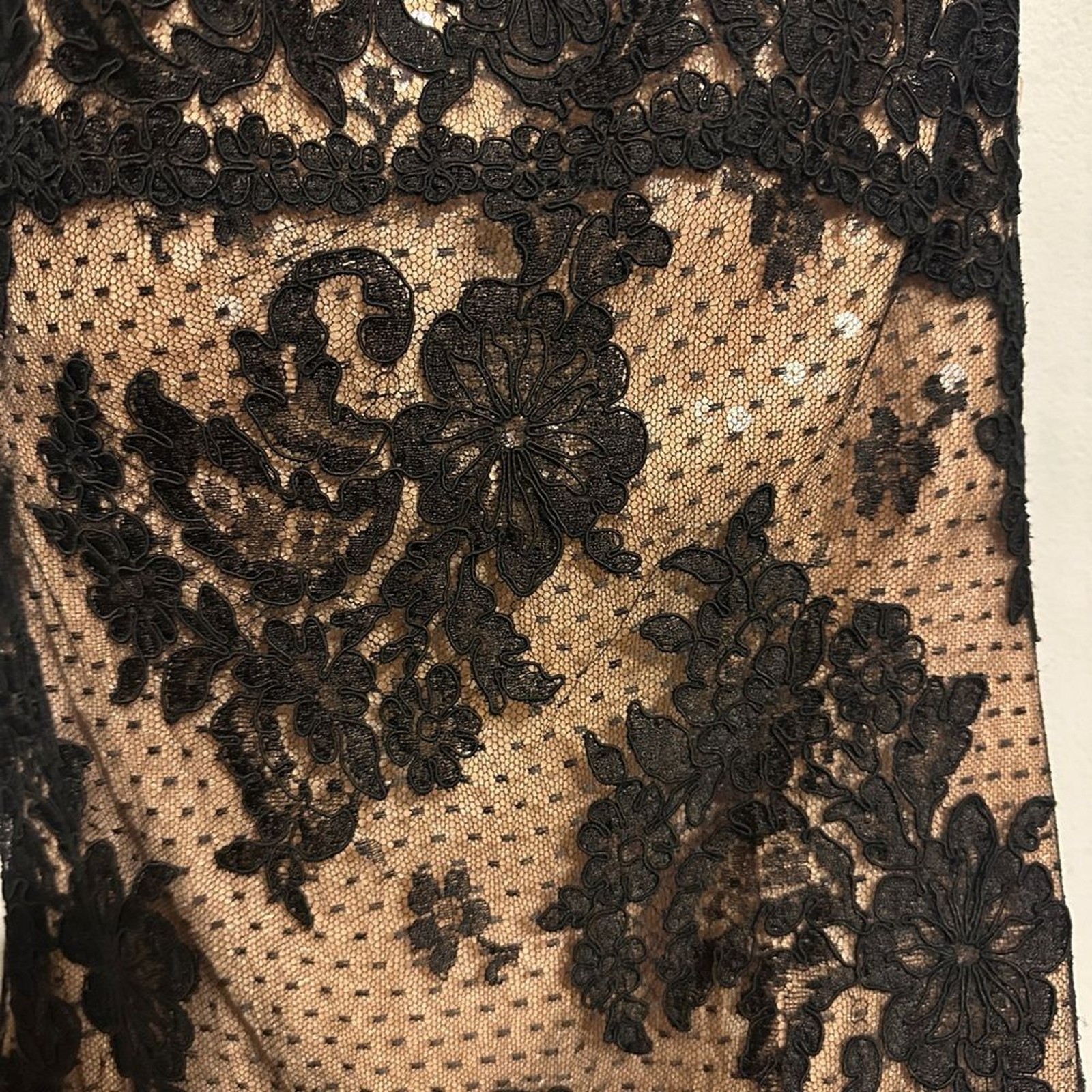 Vintage Rose Taft Black Lace Dress with Nude Clear Sequined Underlay Slip size 4