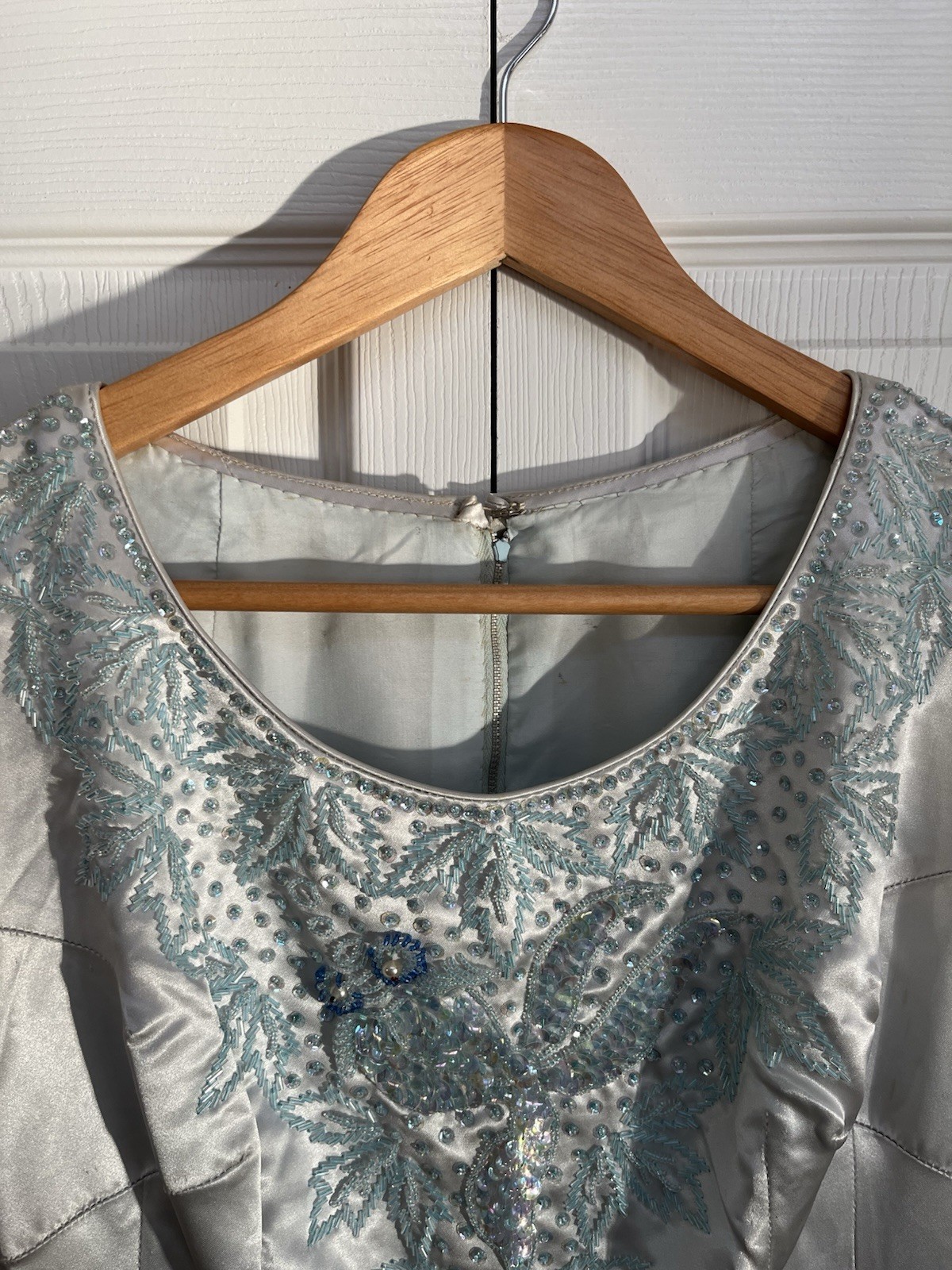 VTG 50/60s Satin Hand Beaded Sequin Light Blue Sheath Dress Sz Small Fish Koi