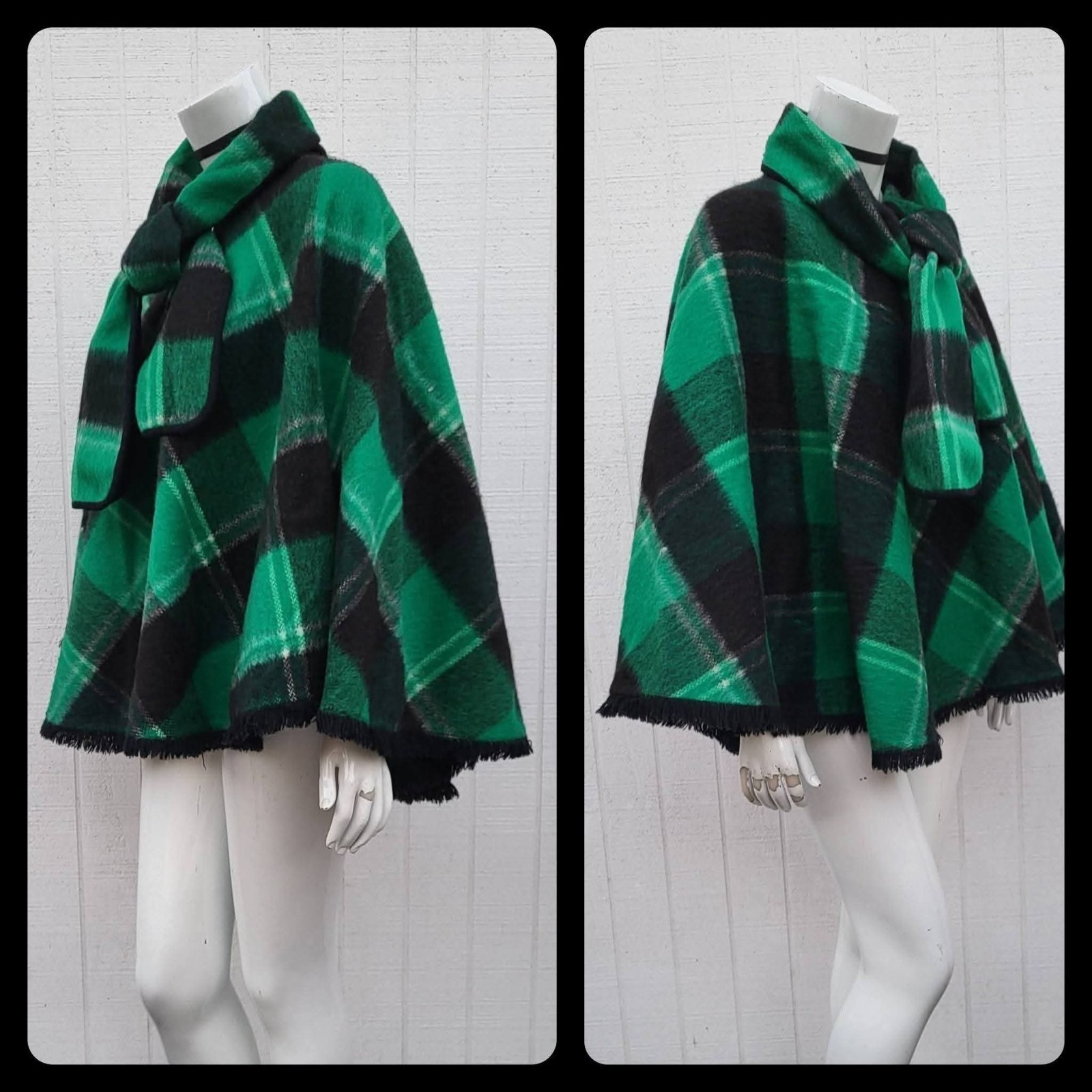 1960s Black And Green Plaid Poncho/Cape As Is