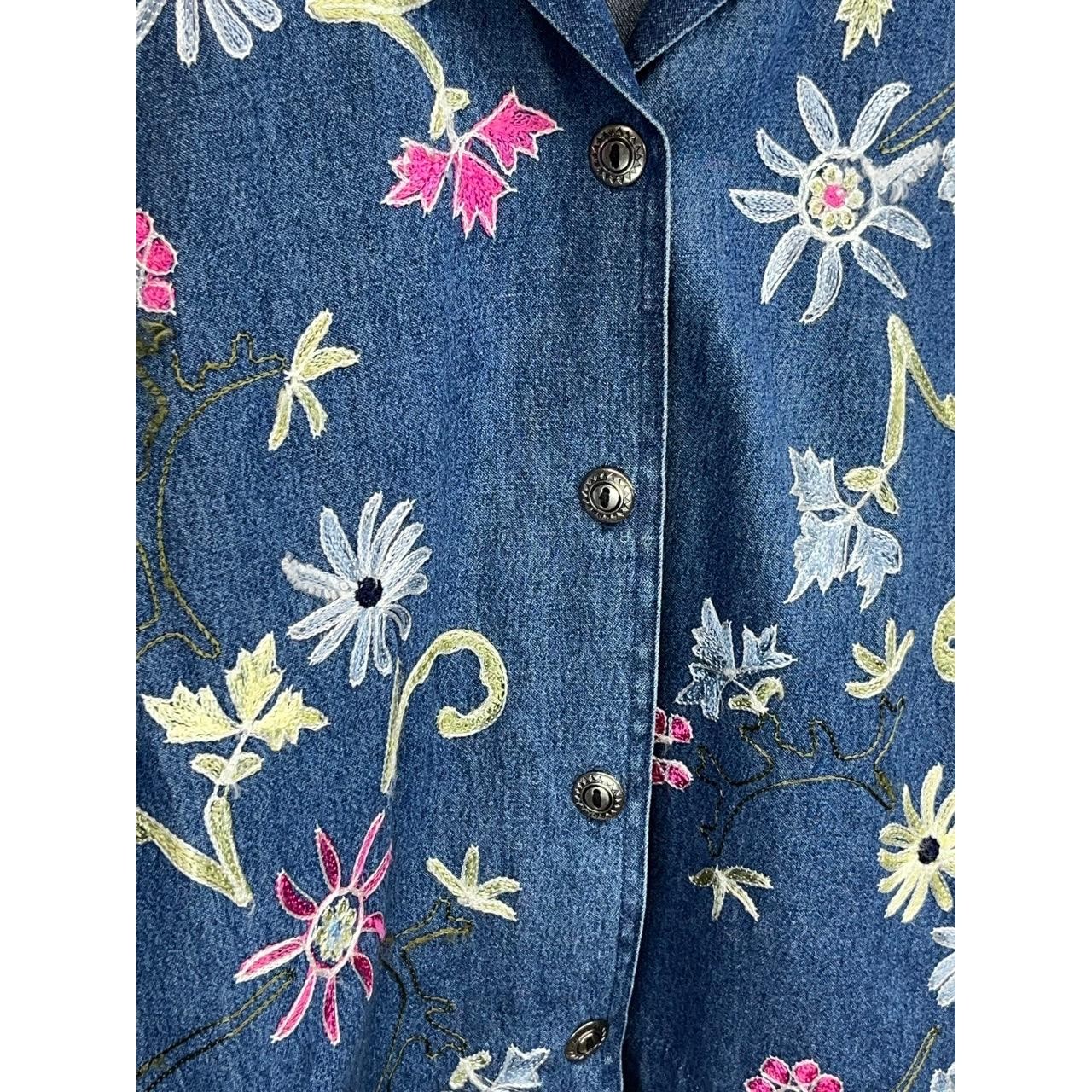 Vintage Studio Works Petite Denim Floral Embroidered Button Up Jacket Size PS