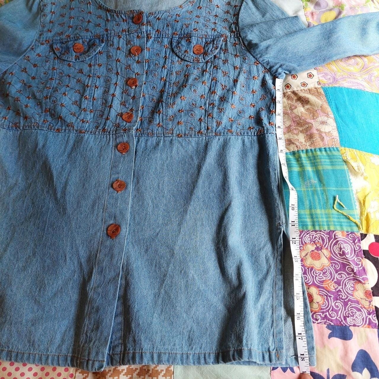 Vintage 100% cotton denim top with brown embroidered floral details.