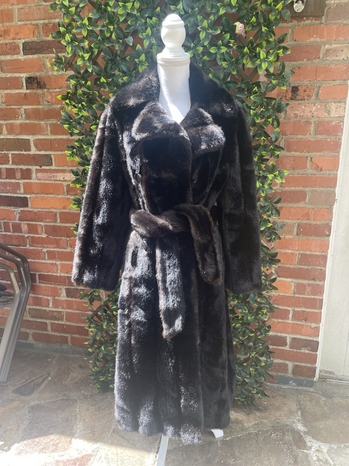 Vintage Mob Wife Faux Fur Coat Y2K Saks France Brown Sash Belt Sz Small S