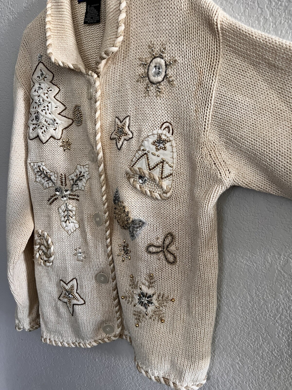 Vintage IB Diffusion Cream Gold Embroidered Bead Sweater Holiday Cardigan – LG