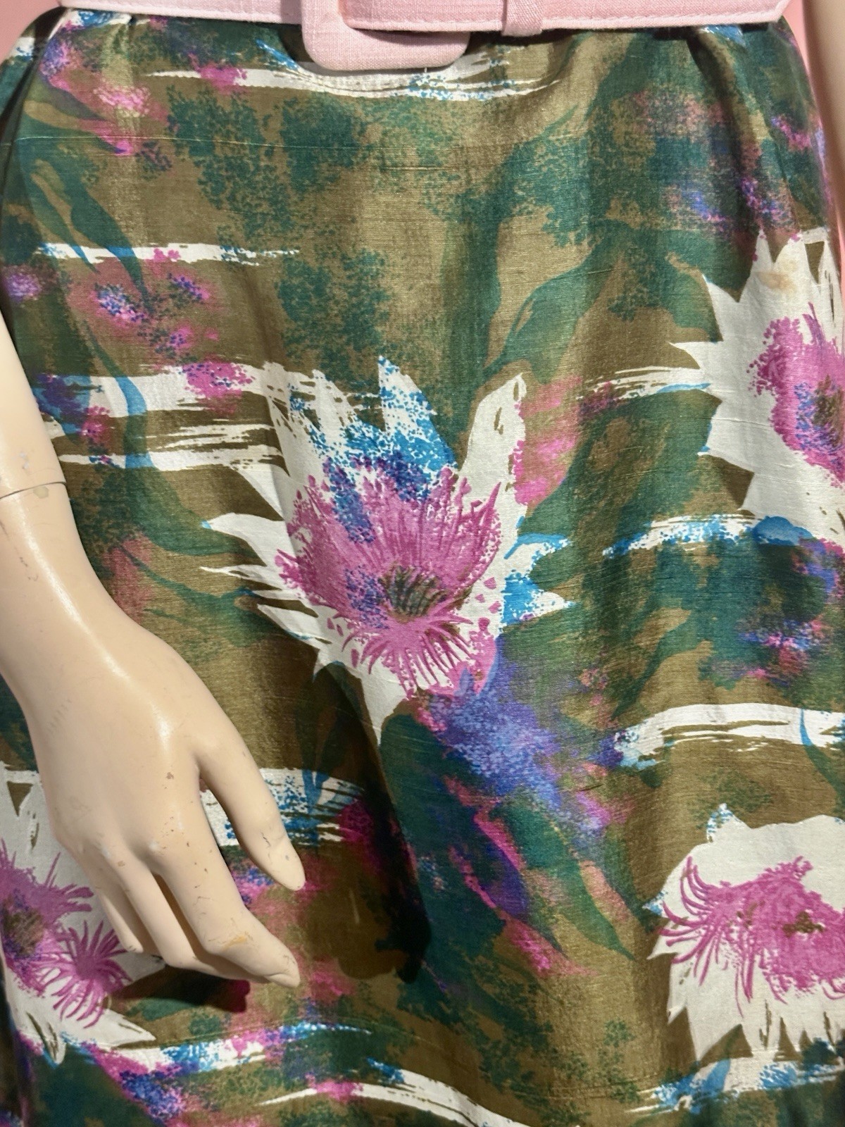 Vtg 50’s Silk Dress MCM Floral Fabric Pink, Grn Sculptured Charm Lora Lennox