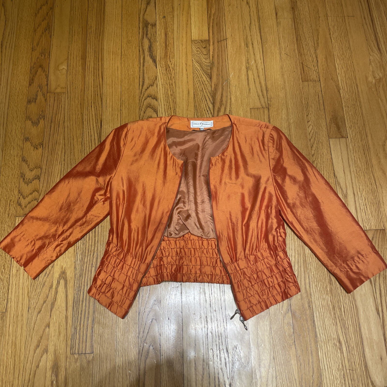 Vintage Singh S. Madan Silk Bronze Orange 100% Silk Bomber Jacket US 4 Small