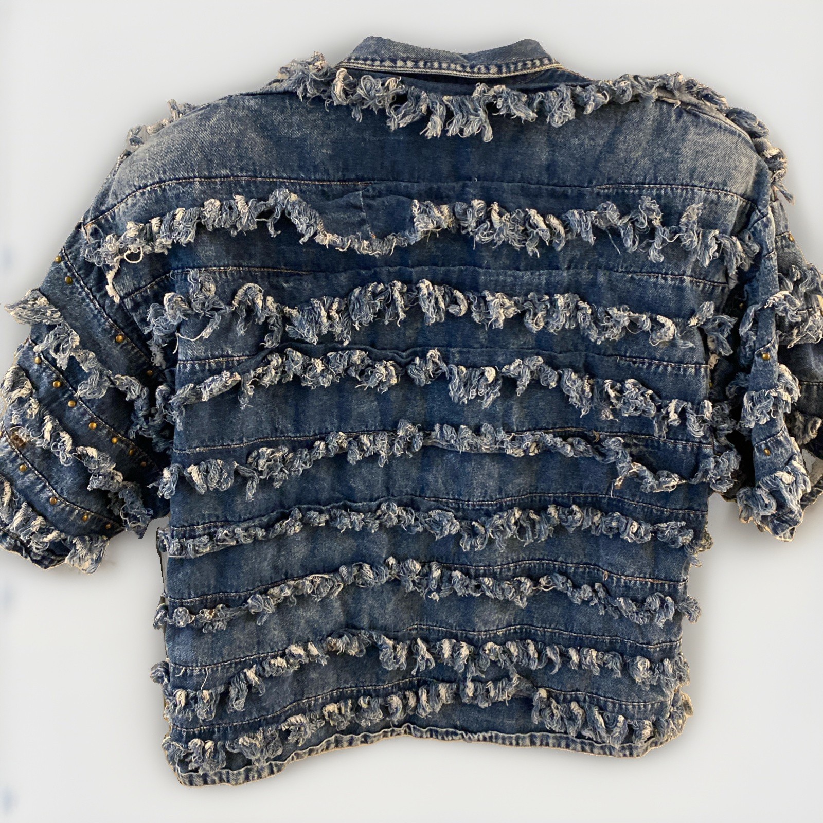 VTG Style Frayed Shaggy Fringe Denim Shacket L Brass Tone Buttons Boho Western
