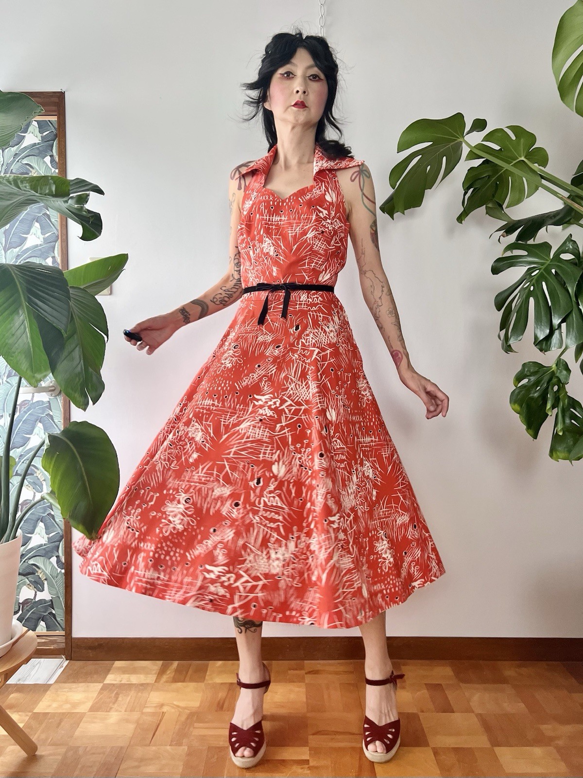 50s Abstract Print Collared Halter Neck Corset Lace Up Cotton Dress S/M LVL Tiki