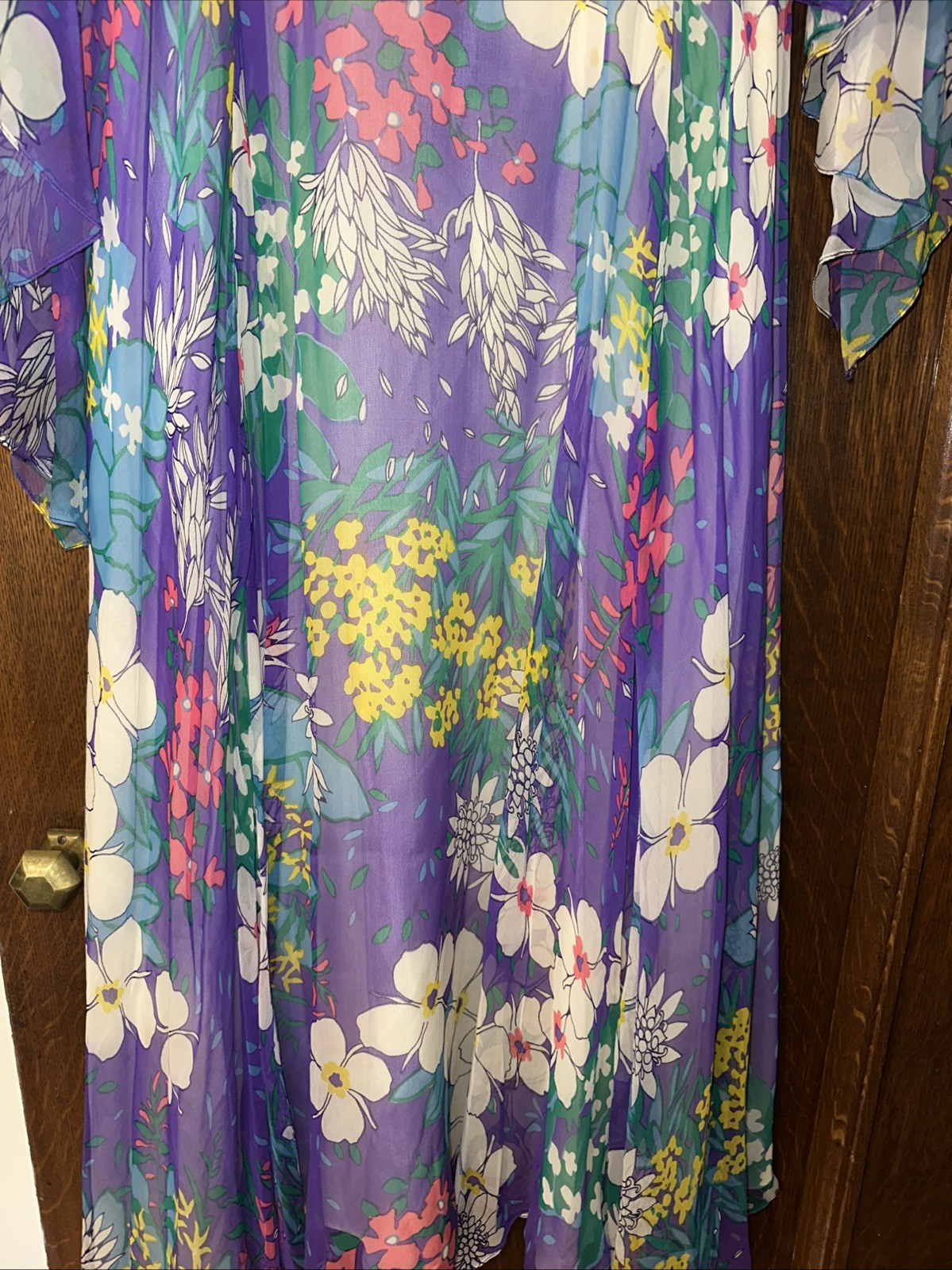Vintage 60s 70s Parues Feinstein Flowy Flower Purple Long Dress Floral Sheer