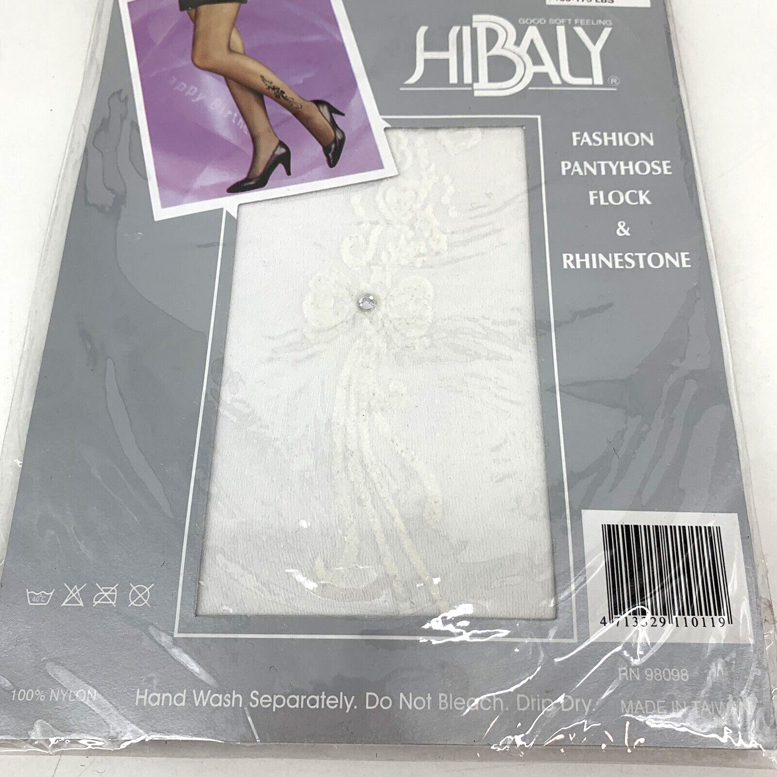 Vintage Hibaly Pantyhose White Flocked Bow & Rhinestone One Size 100-175lb Pinup