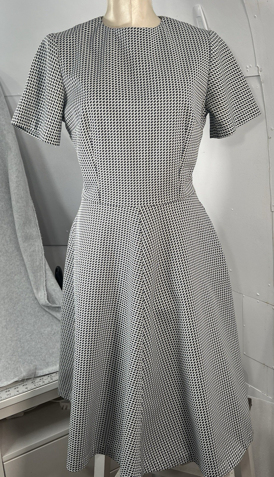 Vtg 50s navy houndstooth fit flare dress A line swing skirt textured size M*