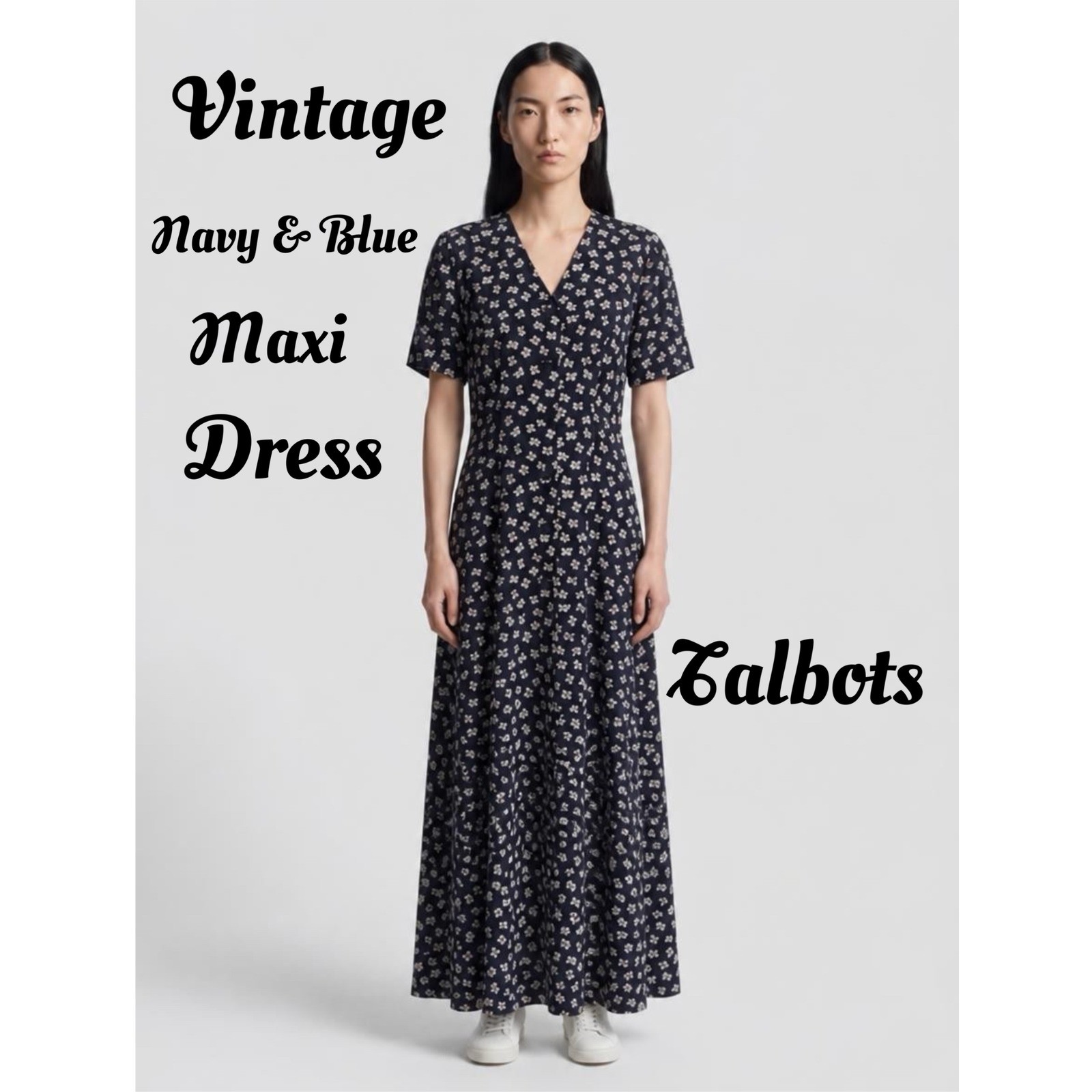 Vintage Talbots Navy/Blue Bow Pattern Maxi Button Down Front Short Sleeve