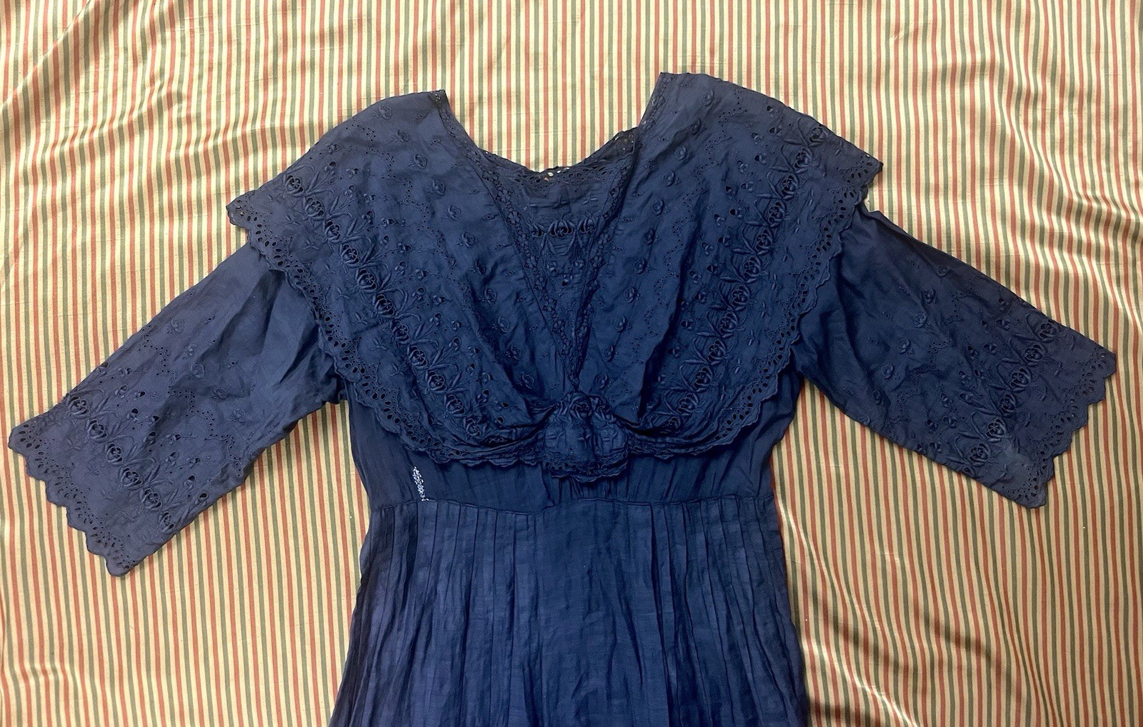Antique Edwardian Black Cotton Dress Embroidered Eyelet Lace Sz XXS