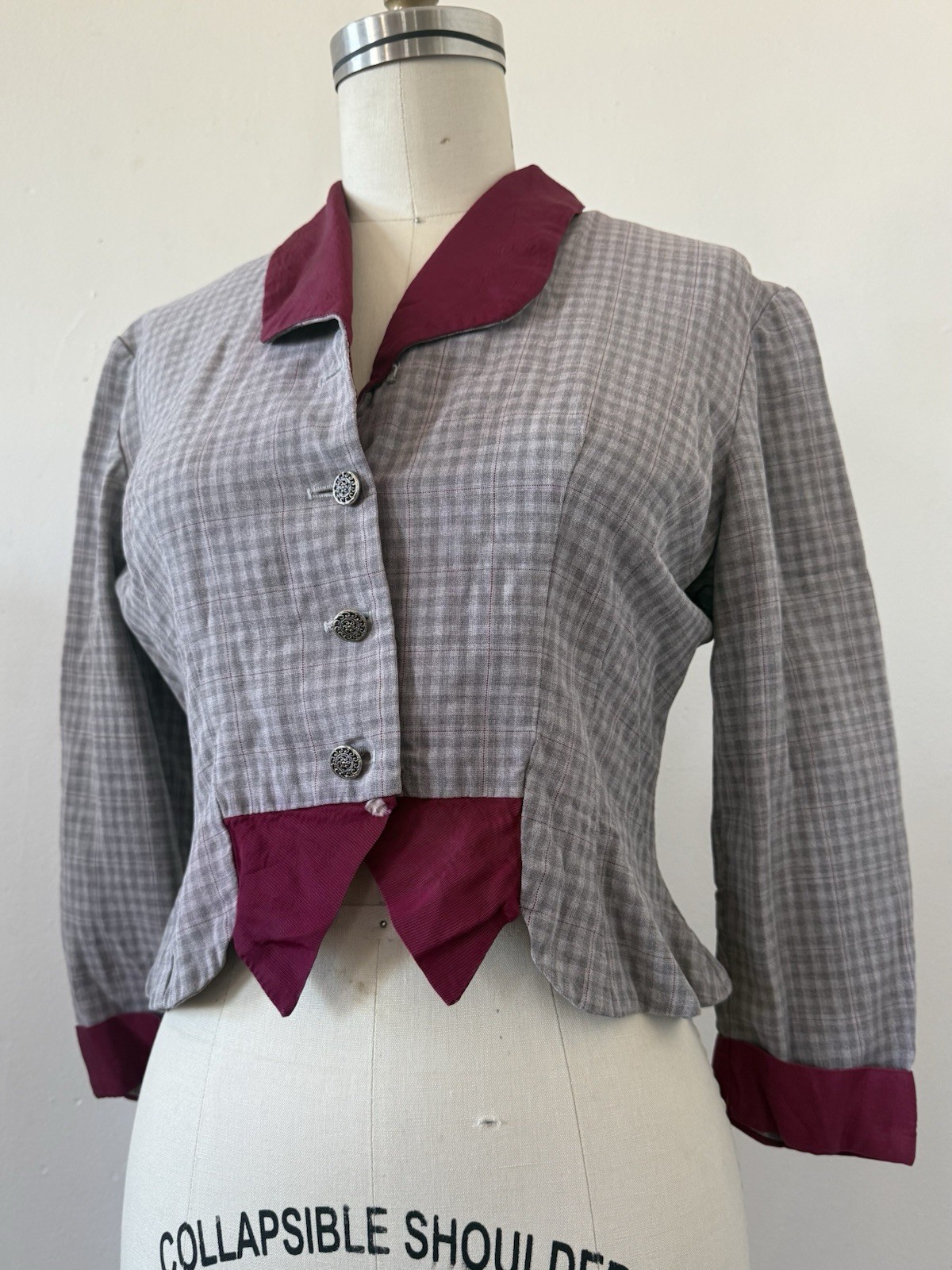 1940s Plaid Rayon Structured Peplum Jacket/Bodice Top W/ Contrast Faille Trim S