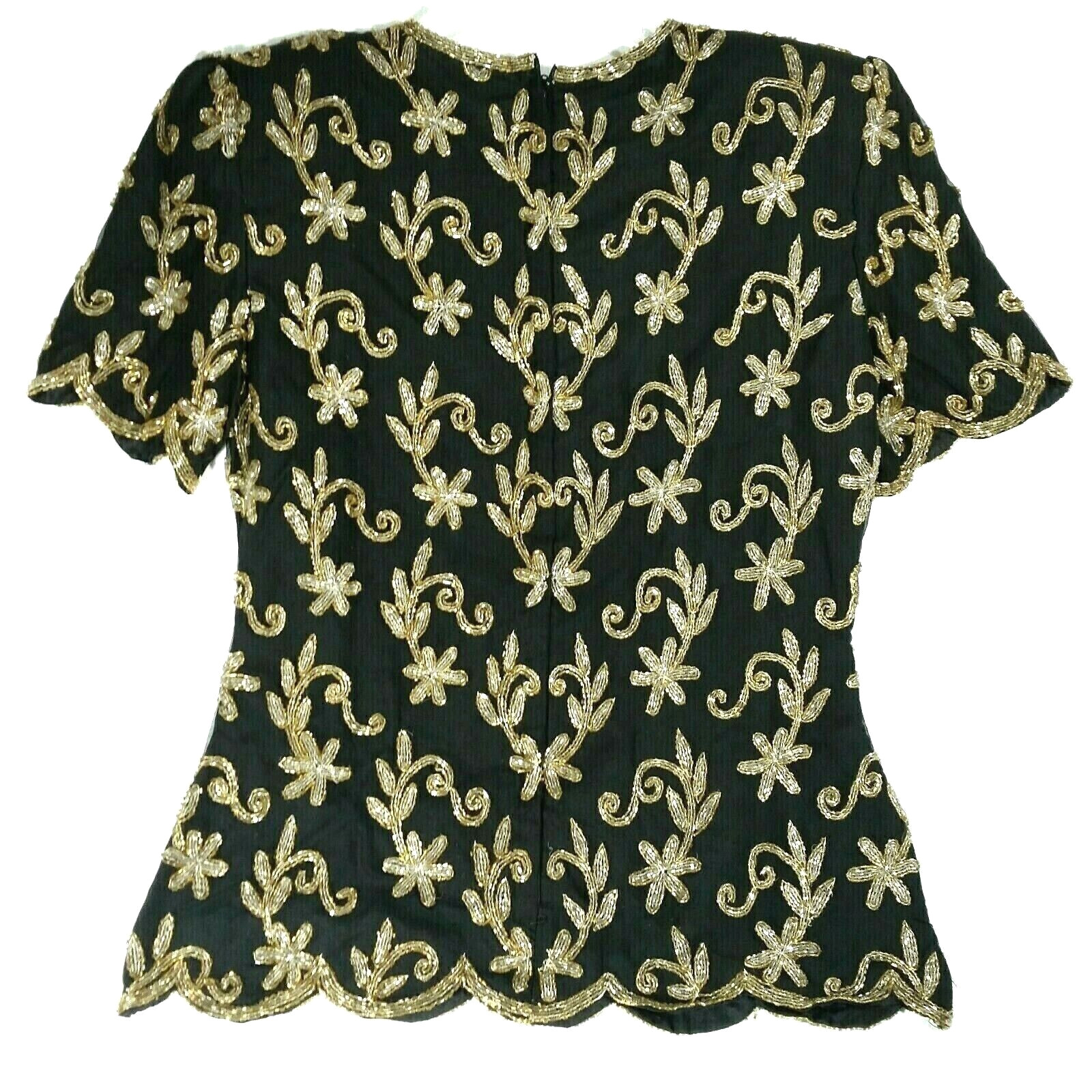 NEW STENAY Top 100% Silk Vtg S Holiday Gold Silver Metallic Beads Scallops Event