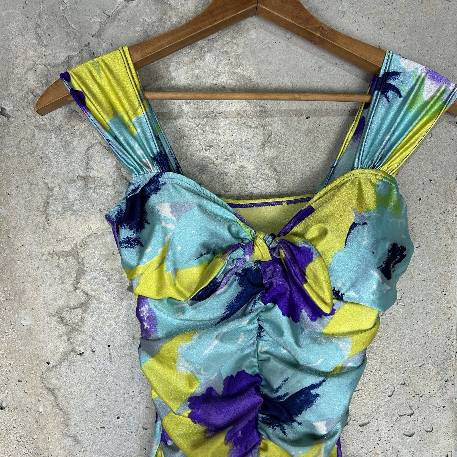 Vintage 90s Esther Williams one piece blue purple yellow abstract ruched 10/med