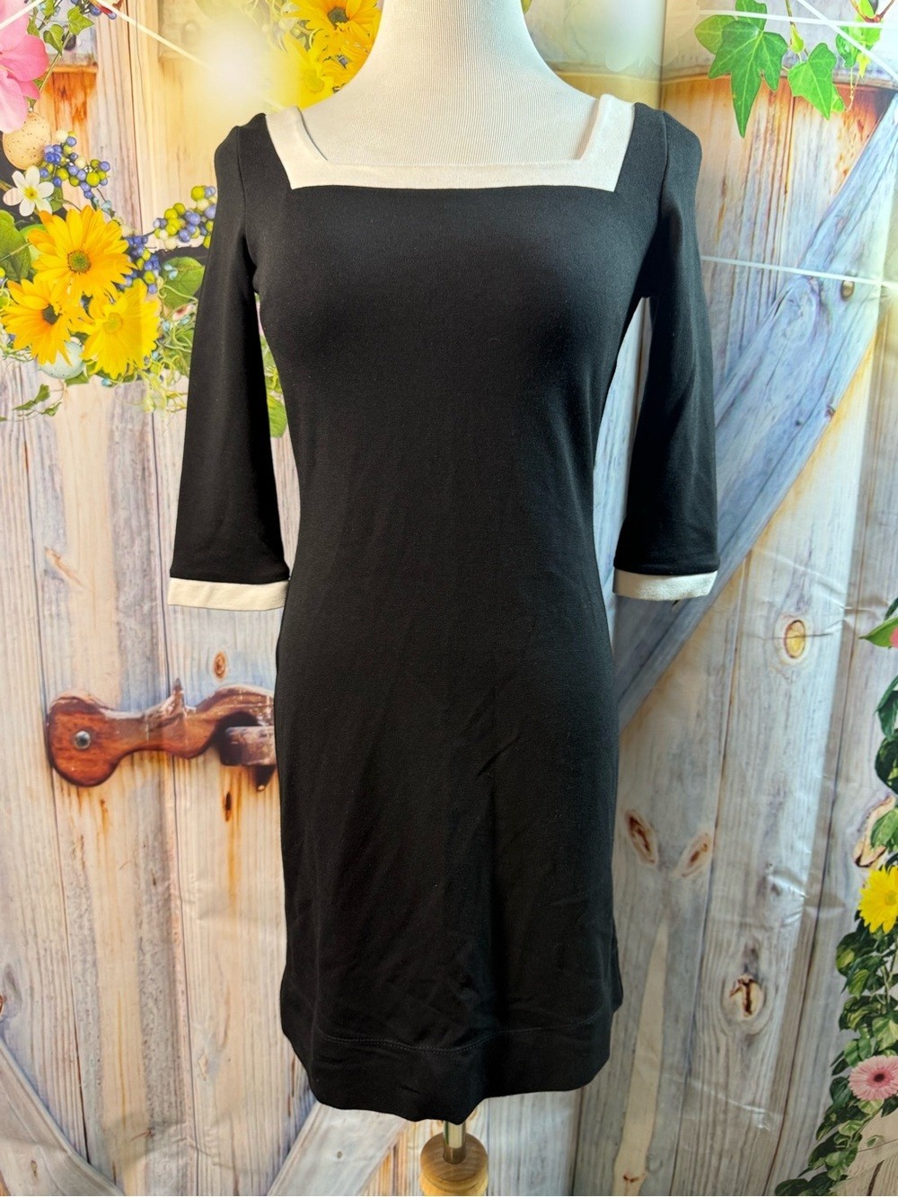 715-Vintage Black Midi Dress with Cream Square Neck and Cuff Trim