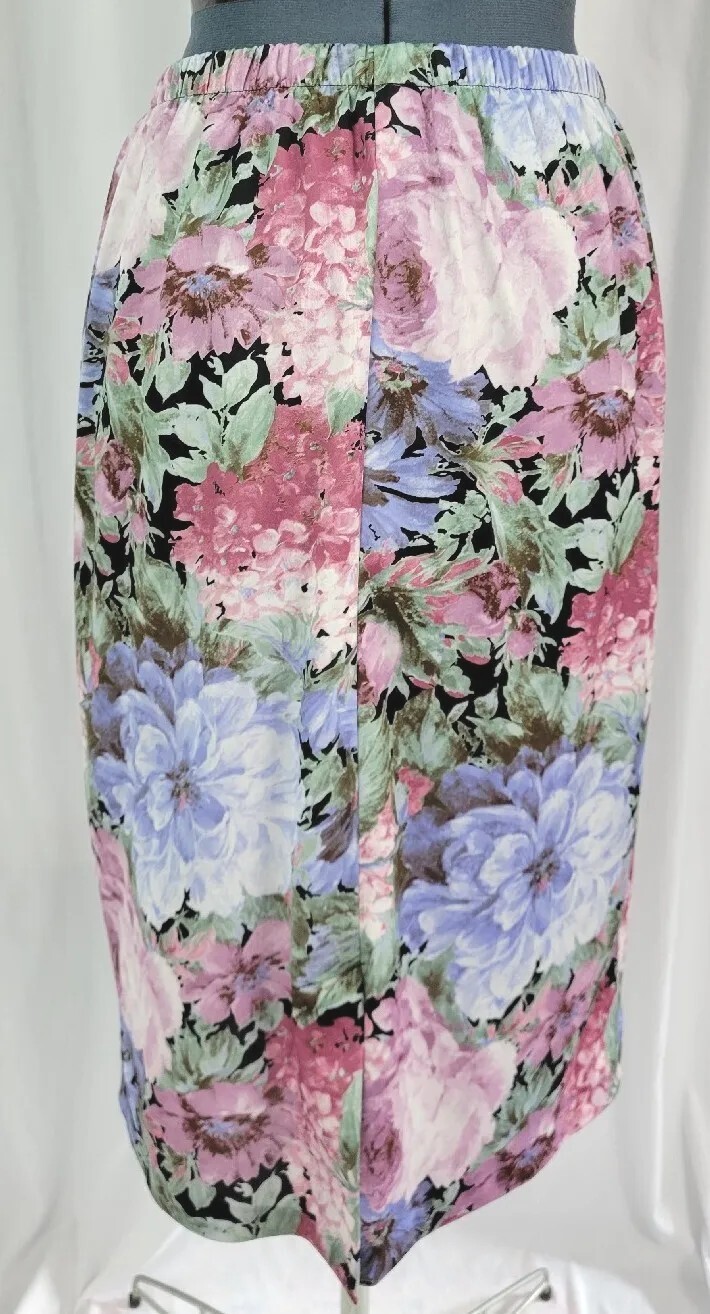 Vintage Pink/Purple/Green/Black Floral Elastic Waist Skirt Size 14