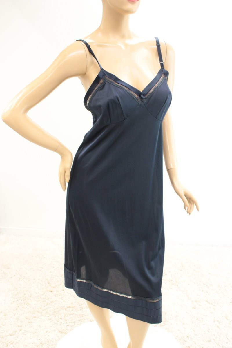 Vtg Lorraine Full Slip size 38 Tall Navy Blue Nylon Cut to Length Pinup Feminine