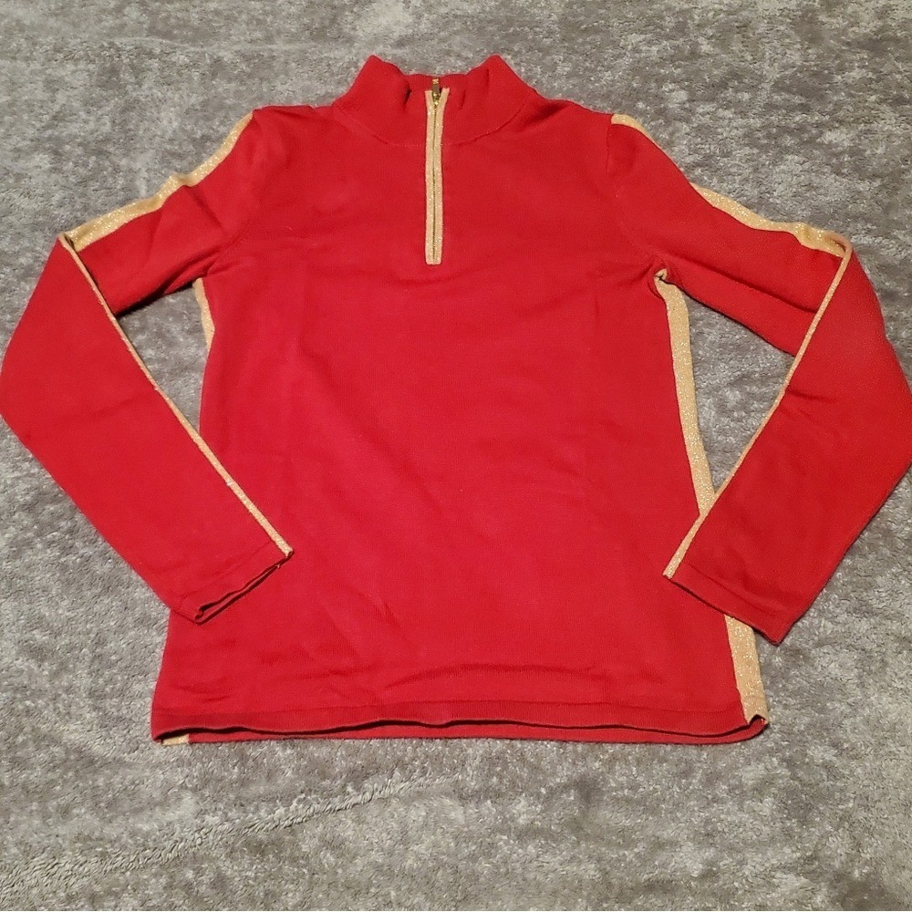 Retro Red Half-Zip Pullover 1/4 zip Sweater with Gold Metallic Side Stripes S