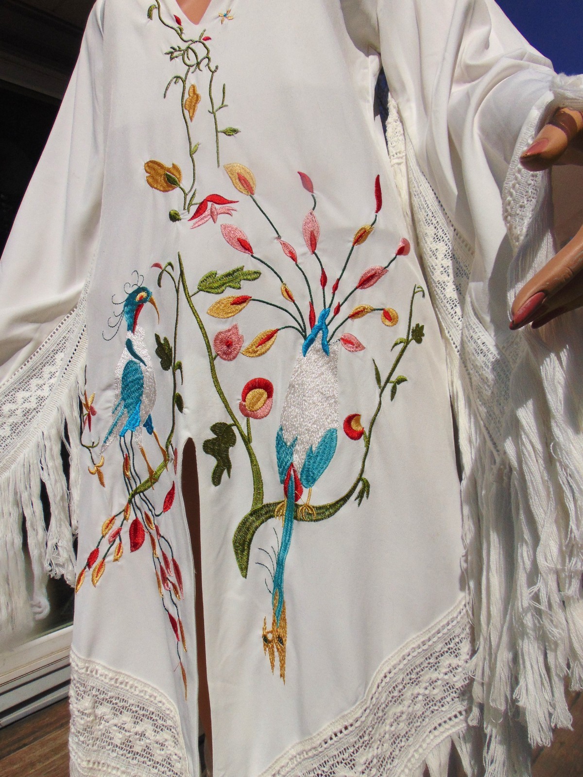 Vtg Rachel Welch Replica Iconic Embroidered Peacock Fringe Hippie Dress