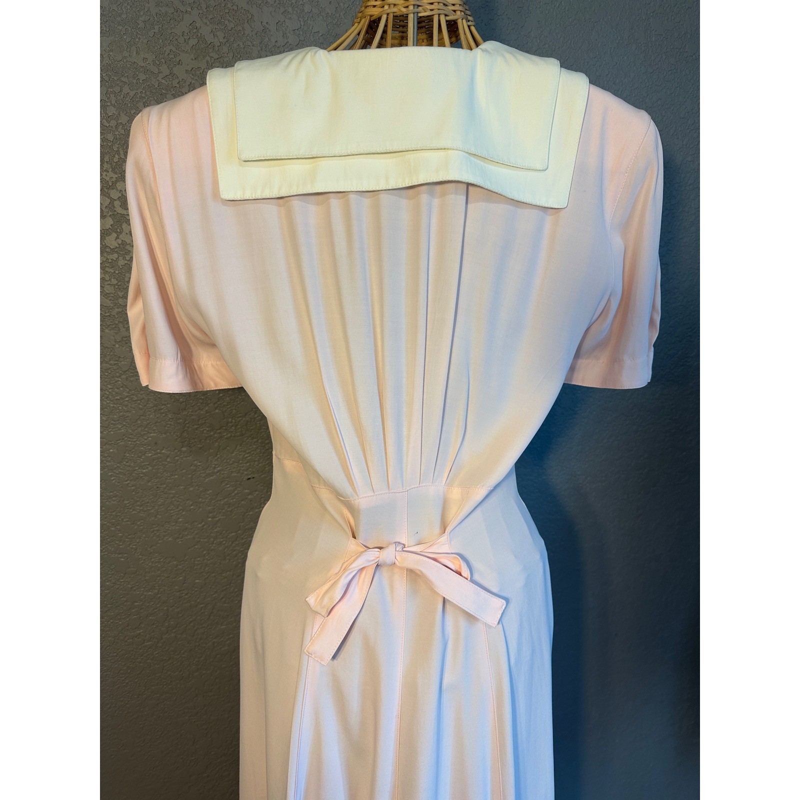 Vtg Karen Alexander 8 Pink Sailor Collar Maxi Dress Bows Button up Cottagecore