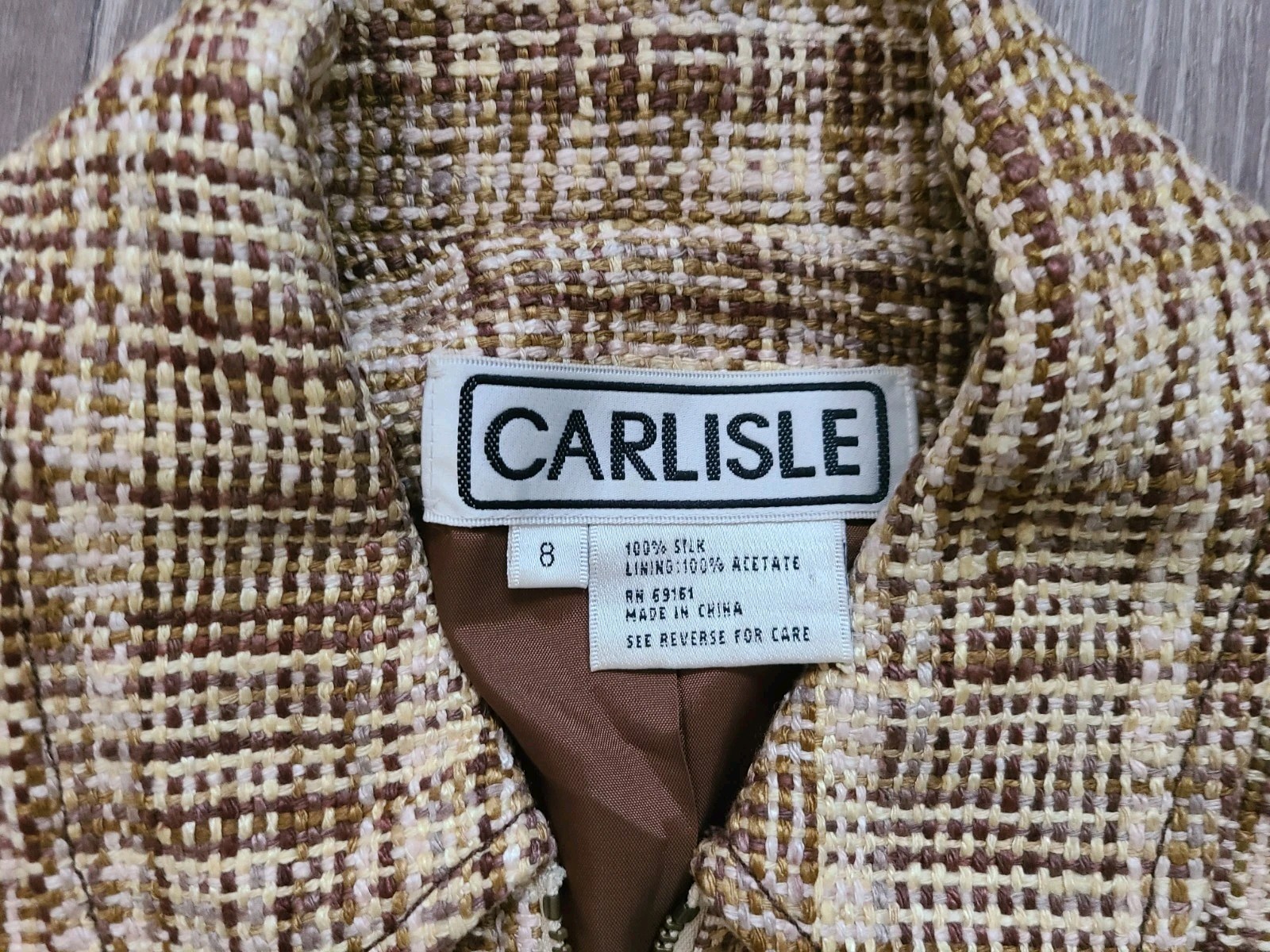 VTG Carlisle Womens 8 Blazer Jacket Zip Up Front Brown Tweed 100% Silk Pockets