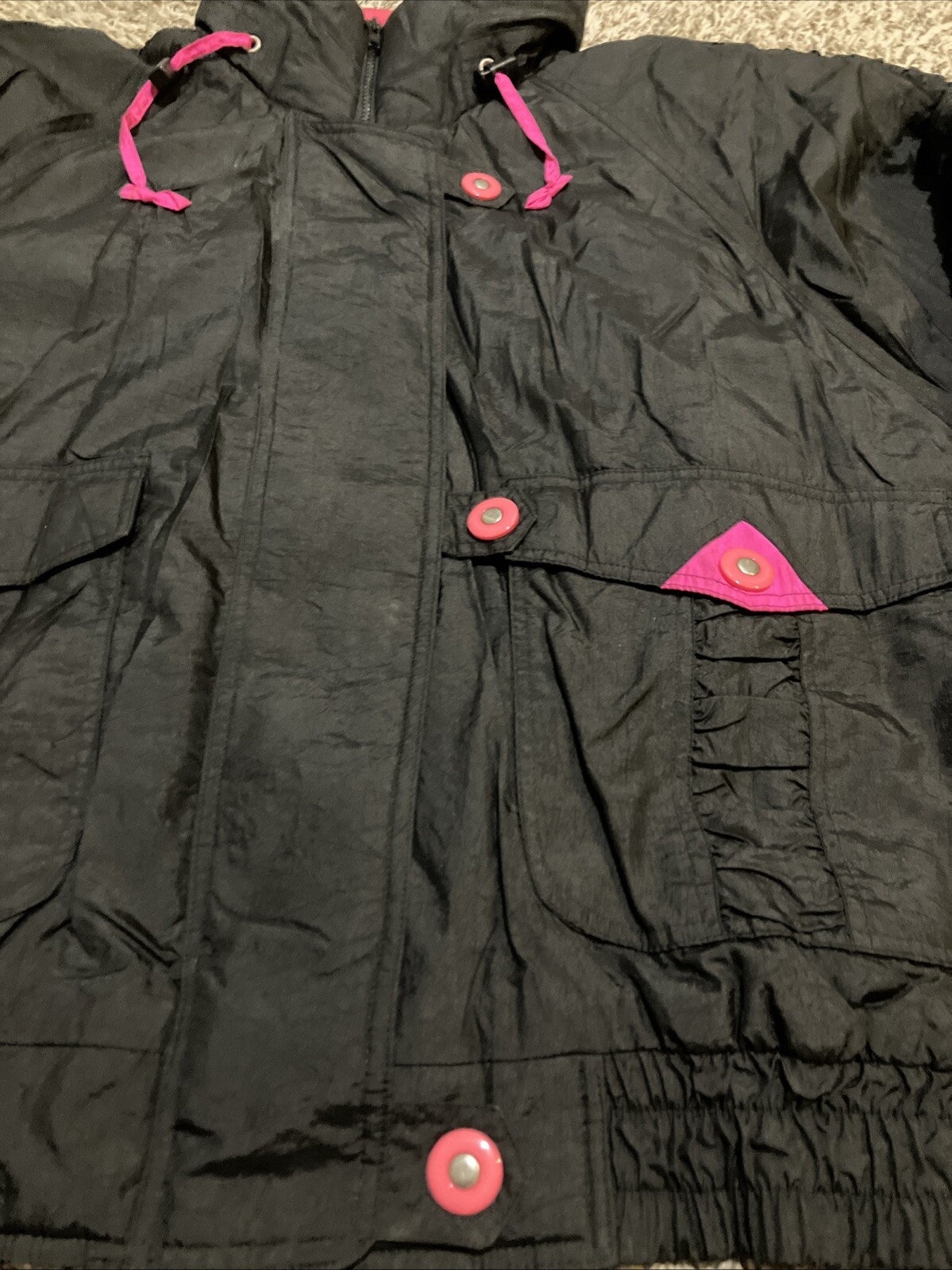 90s Vintage Nylon Jacket Womens Large Black Retro Neon Pink Skiwear Mixed Blues