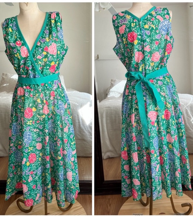 Vintage 70s Kappi Green Floral A Line Dress Tie Waist Easter Estimated Small
