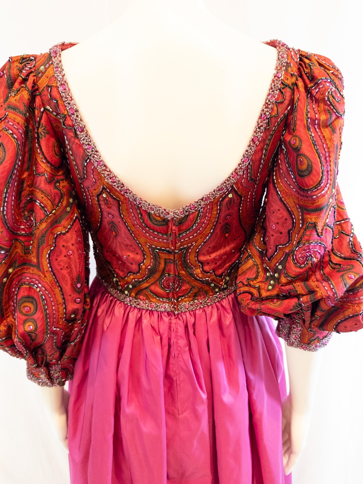 Vintage 1980s Ruben Panis Magenta Satin Taffeta Beaded Paisley Bodice Gown