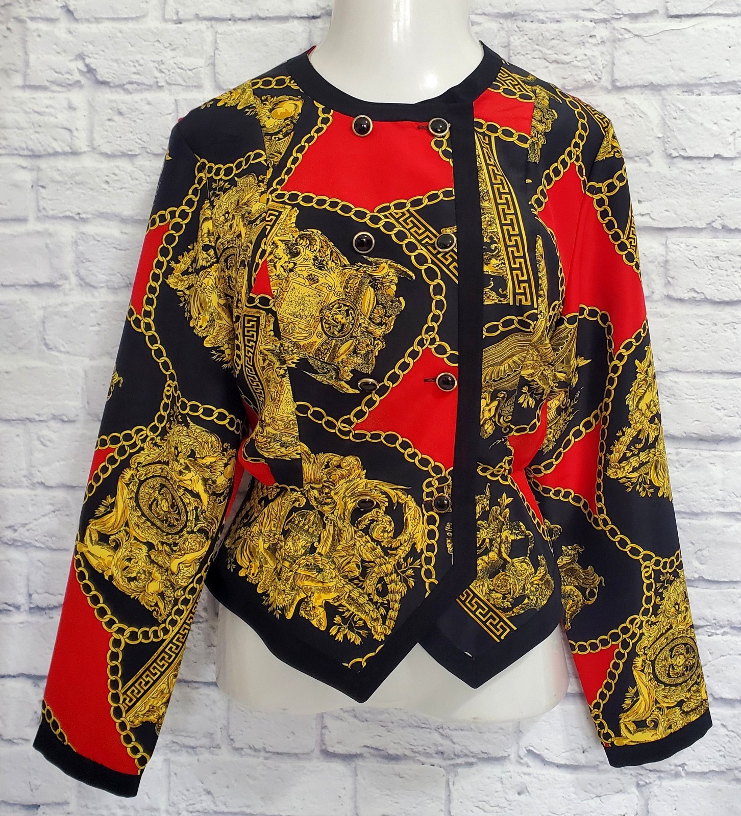 Vintage Baroque Chain Print Jacket Blouse Red Black Gold Button Front Size L XL