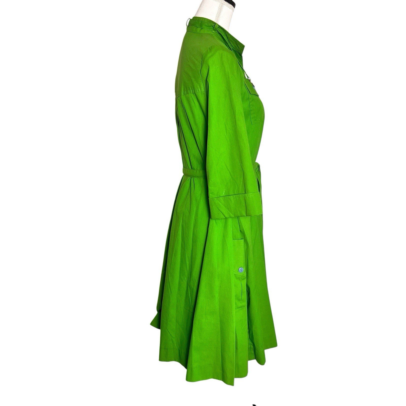 Vtg 1980s Alan Kan Green Shirt Dress Belted Button Front Pockets A-Line Mod M/L
