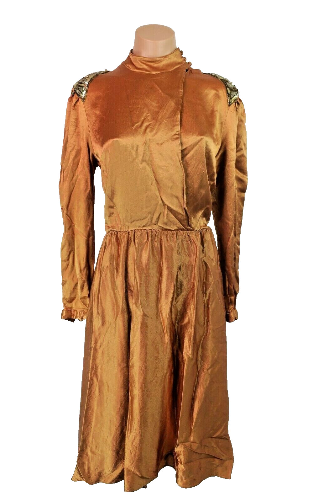VTG 80s Bronze Gold Metallic House Dress Jonathan Hitchcock Sequin Fit Flare M/L