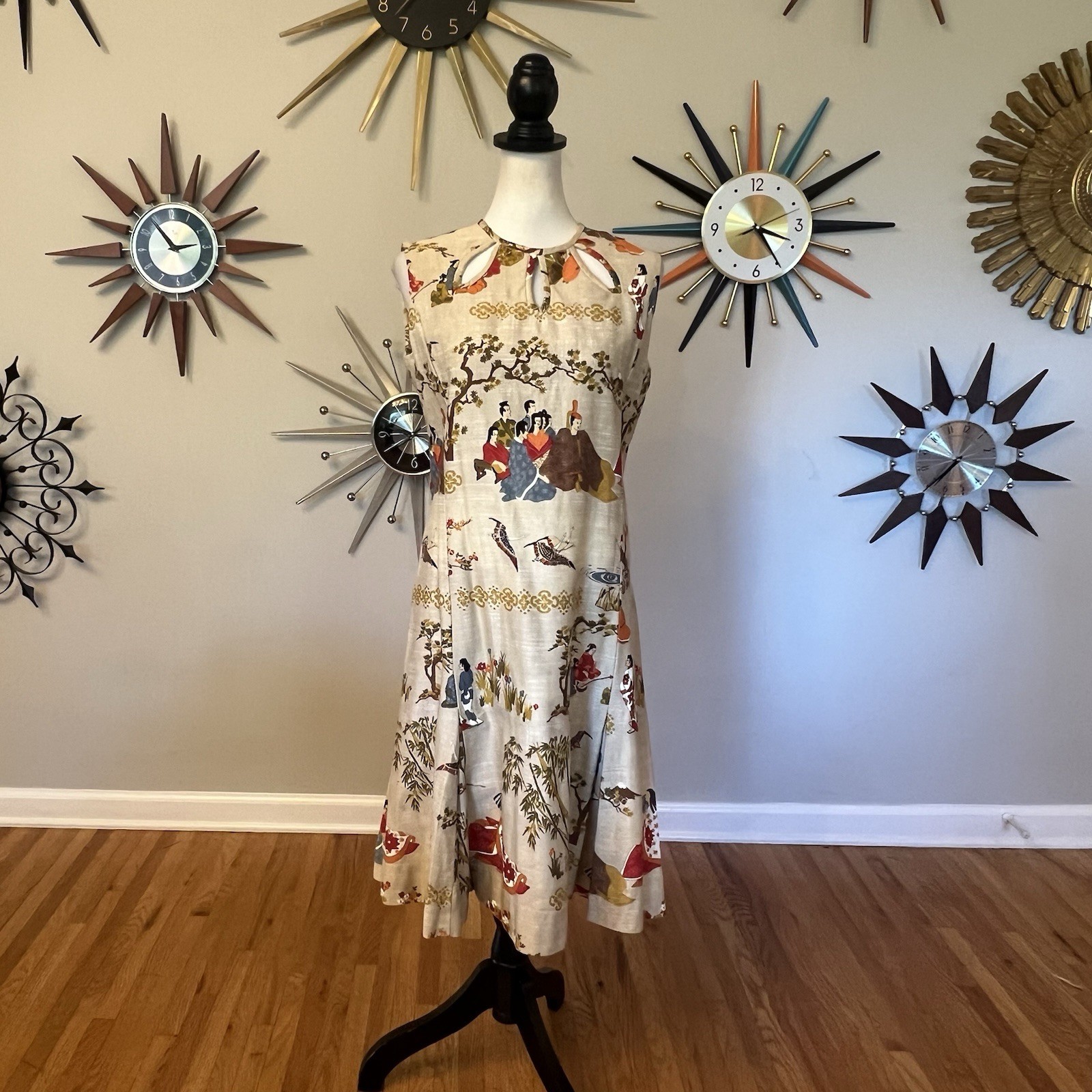 VTG Andrade Honolulu M Japanese Asian Print Dress Cut-Outs Pleated Skirt Tiki