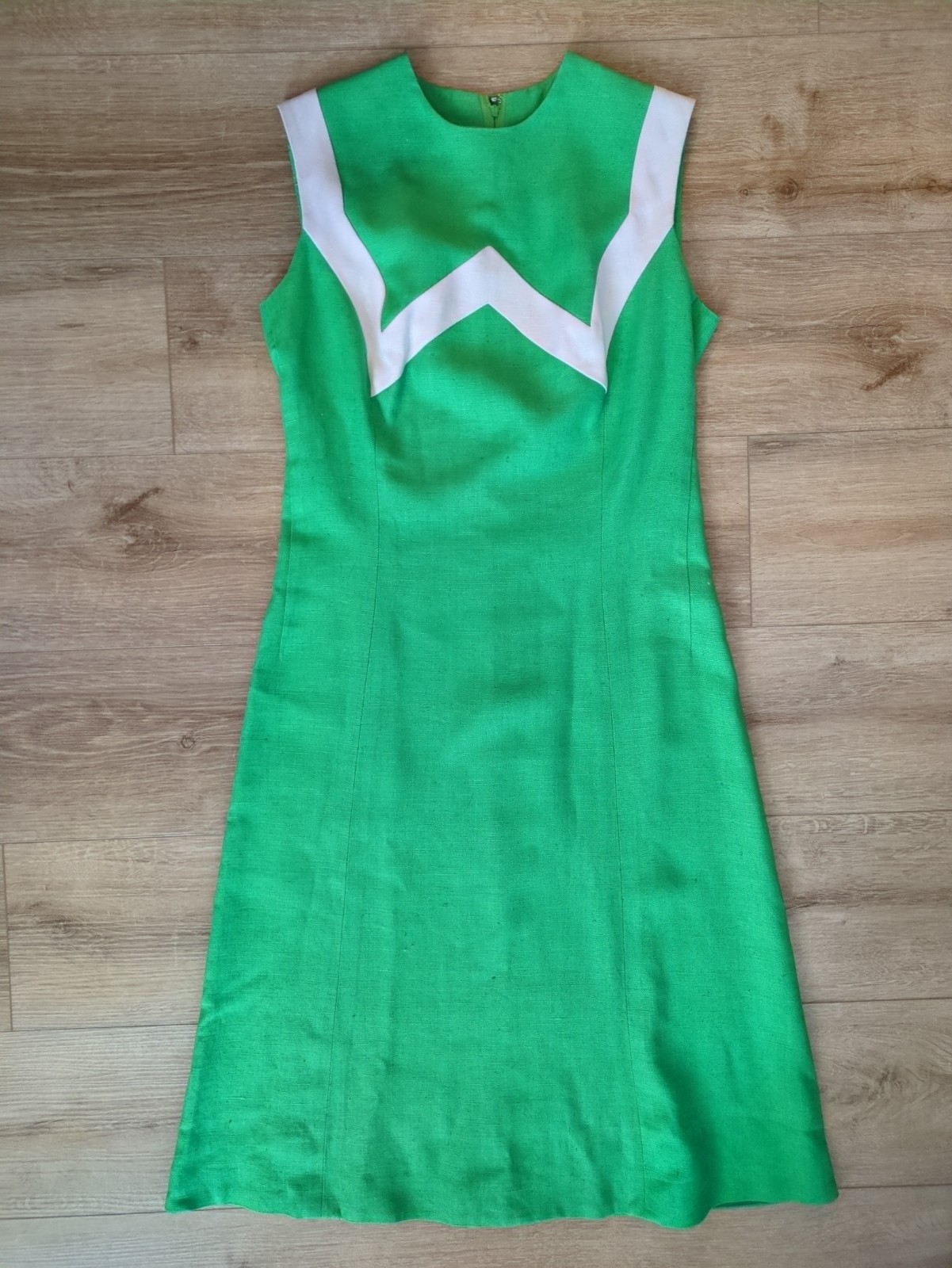 Vintage Handmade Green White Charlie Brown Style Stripe Neckline Dress Sleeveles