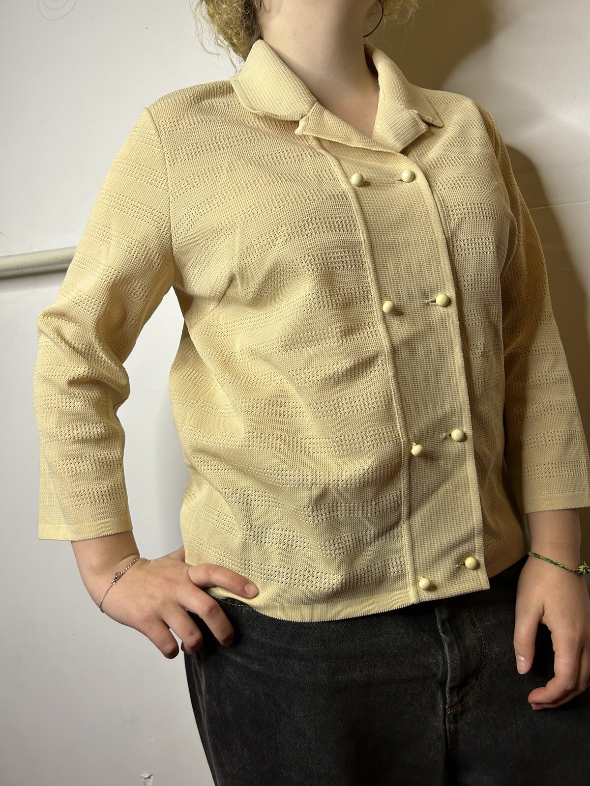 Vintage 1980s Knit Polyester Collared Blouse Cream White Double Breasted AU 14